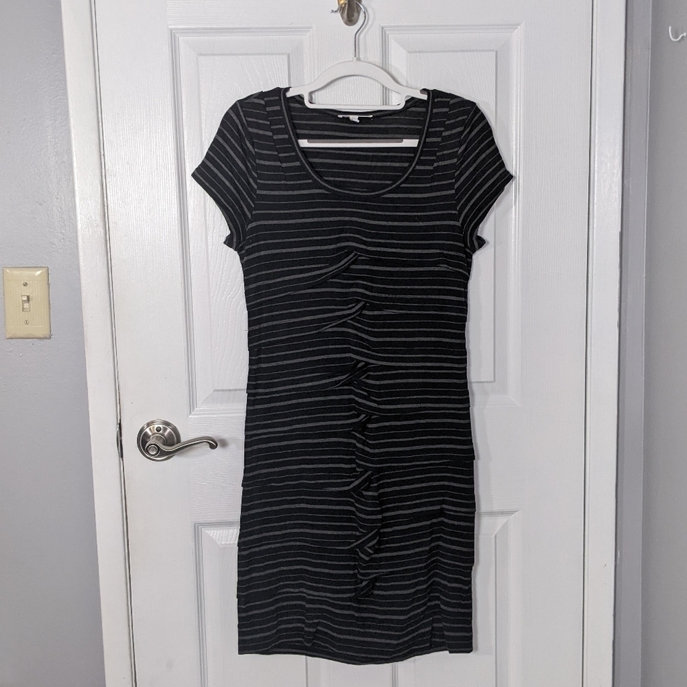 Mystree Pleated Front Striped‎ Grey and Black Short Sleeve T-Shirt Dress Size S